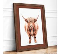 Highland Cattle Portrait Modern Framed Wall Art Print A4 (29.7×21cm) Walnut, Wall Decor for Living Room, Bedroom, Office & Home, Ready to Hang, Art Gift