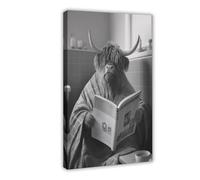Highland Cattle Reading A Book in The Bathroom Canvas Poster Bedroom Decor Landscape Office Room Decor Gift 16" L X 24" W