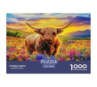 Highland Cattle Recycled Paper 1000 Piece Jigsaw Highland Cow Wildflower Meadow Sunset Puzzle - for Adults Educational Game Decompression Wall Decoration70x50cm/1000pcs