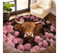 Highland Cattle Round Rug 150cm, Highland Cattle Circle Rugs, Flowers and Animals Rug, Washable Round Carpet for Kitchen Dining Living Room Bathroom Under the Sofa