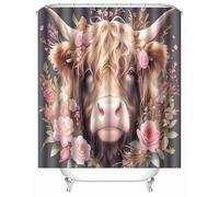 Highland Cattle Shower Curtains Set Mould Mildew Proof Resistant 200 x 220 cm (78.9x86.7Inch), Pink Flowers Animal Cow Bathroom Curtains Washable Polyester with 16 Hooks for Wet Room Tub