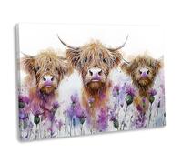 Highland Cattle & Thistles Wall Art Canvas Print - Framed Watercolour Style Nature Portrait Picture - Wildlife Painting Animal Cow Theme Home Decor (51x36cm / 20x14inch)