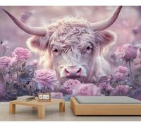 Highland Cattle Wall Mural, Scottish Highland Cattle 3D Wallpaper, Farm Animals Mural for Living Room Bedroom TV Background Hotel Bar Decor - 400x280cm