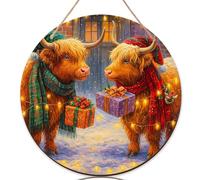 Highland Cattle Welcome Sign for Front Door, Christmas Festive Presents Scarves Xmas Brown Wood Front Door Welcome Sign Outdoor Outside Decor for Porch and Entryway Set of 1