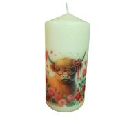 Highland Charm Decorative Pillar Candle Adorable Highland Cow with Heart Glasses & Floral Design Scentless Animal Lovers Rustic Home Decor Display Special Occasions