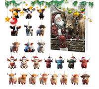 Highland Christmas Advent Calendar 24 Days | Countdown Decorations 2D Acrylic Ornaments Cow Ornaments - Animals Ornaments for Christmas Tree Mirror Door Wall