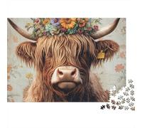 Highland Cow 1000 Pc Cardboard DIY Floral Crown Art Style Jigsaw, Concentration Training Teens, Stress Relief, Vibrant Colours & After-School Fun 38x26cm/1000pcs
