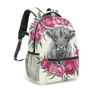 Highland Cow 16 Inch Backpack for Kids School Pink Cherry Blossom Floral Scottish Black White Rucksack Travel Bag Gift (04)