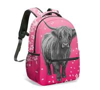 Highland Cow 16 Inch Backpack for Kids School Pink Cherry Blossom Floral Scottish Black White Rucksack Travel Bag Gift (02)
