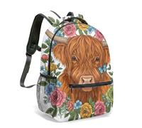 Highland Cow 16 Inch Backpack Sunflower Butterfly Realistic Floral Boho Scottish Animal Print All Over School Bag for Kids Women (06)
