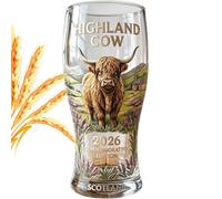 Highland Cow 2026 Commemorative Glass, 500ml, Craft Beer Pint Glass, Pilsner Beer Mug, Bar Glassware Drinking Glasses, Dishwasher Safe, Durable Glass for Lagers, Ales & Ciders (Transparent,500ml)