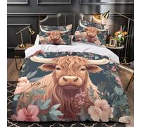 Highland cow 3D Printed 3-Piece Comforter Cover Floral art style Bed Cover Set Silky Soft Microfiber Concealed Zipper Anti-Fungal for Kids Teens King（220x240cm）