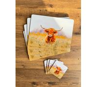 Highland Cow 4 Placemats & 4 Coasters, MDF cork, dining table, coffee table