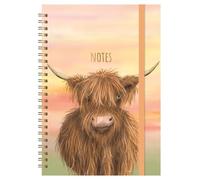 Highland Cow A5 Notebook - Wiro Bound Lined Hardback Journal 80 Pages FSC Paper - Cute Animal Design Note Book with Elastic Closure - Writing Pad for School Office Work Diary Travel Notes Gift