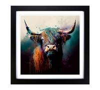 Highland Cow Abstract Expressionism Framed Wall Art Print 18x18 Inch Black