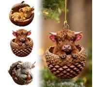 Highland Cow Acorn Ornaments, Cozy Christmas Ornaments, 2D Cute Animal Christmas Trees Hanging Decorations, Rustic Nature-Themed Home Decor, Highland Cow Animal Lovers Gift (3, Brown-B)