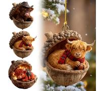 Highland Cow Acorn Ornaments, Cozy Christmas Ornaments, 2D Cute Animal Christmas Trees Hanging Decorations, Rustic Nature-Themed Home Decor, Highland Cow Animal Lovers Gift (3, Brown-H)