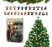 Highland Cow Advent Calendar, 24-Day Christmas Cow Jewellery Countdown Calendar, 2D Acrylic Animal Pendant for Children and Adults as Party Gift Tree Decoration Car Rear View Mirror