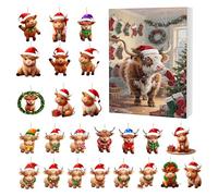 Highland Cow Advent Calendars 2025, 24 Days Highland Cow Ornament Christmas Countdown Calendar 2D Flat Acrylic Highlands Cows Pendant Christmas Tree Ornament For Children, Friends, 26x18x3cm