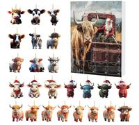 Highland Cow Advent Calendars, 24 Day Highland Cow Ornaments Christmas Countdown Calendar, 2D Acrylic Cute Highland Cattle Advent Calendars, Highland Cattle Pendant Decor Countdown Cal (Red-B)
