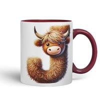 Highland Cow Alphabet Monogram Coloured Ceramic Cup Mug Letter J Rustic Farmhouse Animal Letter Gift V2 11oz (Maroon)