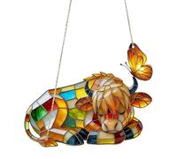 Highland Cow and Butterfly Suncatcher - Stained Glass Style Acrylic Window Hanging Ornament with Metal Chain - Farmhouse Nature Decor Gift