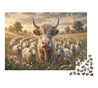 Highland Cow And Sheep 1000 Piece Puzzle Flower Field Pasture for Relaxation First-Time Jigsaw Users Memory Improvement Small Gift Idea 70x50cm/1000pcs
