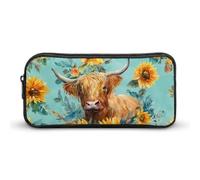 Highland Cow and Sunflowers Cute Pencil Case Large Capacity Makeup Pouch Portable Pencil Bag with Zippered