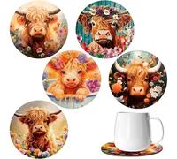 Highland Cow Animal and Floral 6 Wooden Coasters, Coffee Coaster