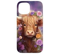 Highland Cow Animal Lover Purple Flower Case for iPhone 15