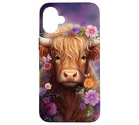 Highland Cow Animal Lover Purple Flower Case for iPhone 16 Plus