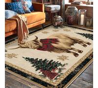 Highland Cow Area Rug, Winter Rustic Christmas Trees Snowflakes Xmas Red Low Pile Aesthetic Rectangle Home Floor Carpet Rugs for Living Room Bedroom College Dorm Kitchen Decor 5' X 7'