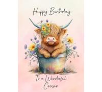 Highland Cow Art Birthday Card for Cousin - For Her Female Girl Pink