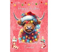 Highland Cow Art Christmas Card for Fiancee - For Her Female Girl Pink Xmas