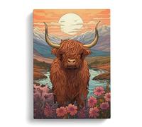 Highland Cow Art Nouveau Art Canvas Print | Gallery Wrapped 30mm Frame Wall Decor | 30x20 inches | Ready to Hang | Contemporary Animals Picture | Living Room Bedroom Lounge Office