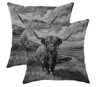 Highland Cow Art Pillow Covers Set of 2, Grey Scenic Landscape Decorative Throw Pillow Cases, Rustic Country Farmhouse Decor Cushion Covers for Home Sofa Bed Couch 18x18 Inch