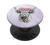Highland Cow Art Pink Floral Flower Wreath Purple Heifer PopSockets Swappable PopGrip