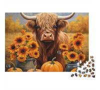 Highland Cow Autumn 1000 Pieces Puzzles Beautiful View Cow Pumpkin Sunflower Decoration Puzzle Educational Game for Men And Women Challenging Jigsaw Jigsaw Puzzles for Adults 52x38cm/1000pcs