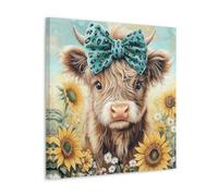 Highland Cow Baby Wall Art Cute Cattle with Sunflower Canvas Prints Poster Baby Calf Pictures Farm Animal Paintings for Kids Room Nursery Decor 24x24inch(60x60cm)