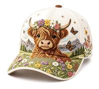 Highland Cow Baseball Cap, Adjustable Floral Baseball Hat, Breathable Botanical Ladies Caps, Lightweight Women's Hats & Caps for Holidays, Commuting & School, Cute Highland Cow Gifts
