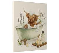 Highland Cow Bath Canvas Wall Art, Green Brown Floral Bathroom Decor, Cute Animal Print for Living Room, Bedroom, Bathroom, Aesthetic Home Decoration 8x10 Inch