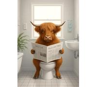 Highland Cow Bathroom Art Print, Humorous Scottish Cow Reading Newspaper on the Toilet, Modern Bathroom Decor. Size A4