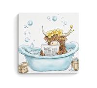 Highland Cow Bathroom Canvas Wall Art Poster Funny Cow Baby in Bathtub Reading Newspaper Picture Daisy Print Bathroom Relax Painting Toilet Decor16x16inch(40x40cm)
