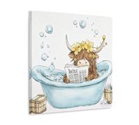 Highland Cow Bathroom Canvas Wall Art Poster Funny Cow Baby in Bathtub Reading Newspaper Picture Daisy Print Bathroom Relax Painting Toilet Decor12x12inch(30x30cm)