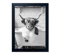 Highland Cow Bathroom Decor, Funny Bathroom Wall Art, Highland Cow in Bathtub Farmhouse Canvas Print, Black and White Cow Pictures Wall Decor, Framed Animal Pint Artworks for Wall