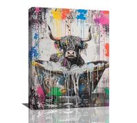 Highland Cow Bathroom Decor Wall Art Graffiti Cow in Bathtub Pictures Canvas Wall Decor Funny Cattle Print Painting Artwork Home Decorations for Living Room Bedroom Office Framed 12x16 inch