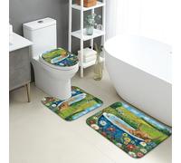 Highland Cow Bathroom Mat Sets 3 Piece, Colorful Floral Absorbent Non Slip Toilet Rugs U Shaped Washable, Spring Quick Dry Memory Foam Bathroom Rug Set