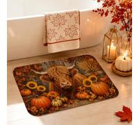 Highland Cow Bathroom Rugs, Rustic Farmhouse Sunflowers Pumpkins Fall Orange Quick Dry Absorbent Restroom Mat for Restroom Toilet Floor Decor 20x32 Inch