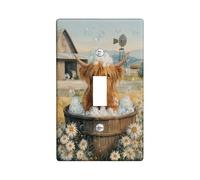 Highland Cow Bathroom Single Light Switch Cover Plate, Rustic Countryside Bubbles Daisies Spring Brown Plastic Standard Size Decorative Wall Plates for Bedroom Office Kitchen Entrance Decor (Single)