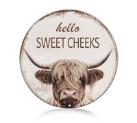 Highland Cow Bathroom Tin Sign Hello Sweet Cheeks Bathroom Wall Art Decor Farm Fence Restroom Bar Home 8x8 Inch Round Aluminum Decor Sign (2554)